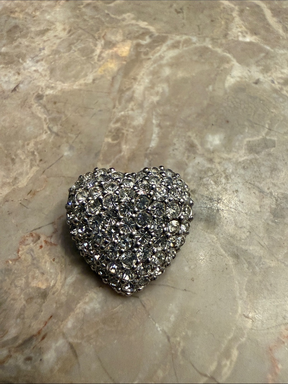 Vintage small heart shaped brooch with crystal pave stones, Silvertone